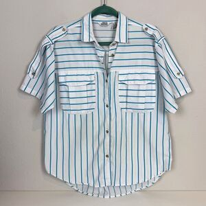 Vintage Here’s a Hug White Turquoise Striped Boxy Camp Shirt 80s M